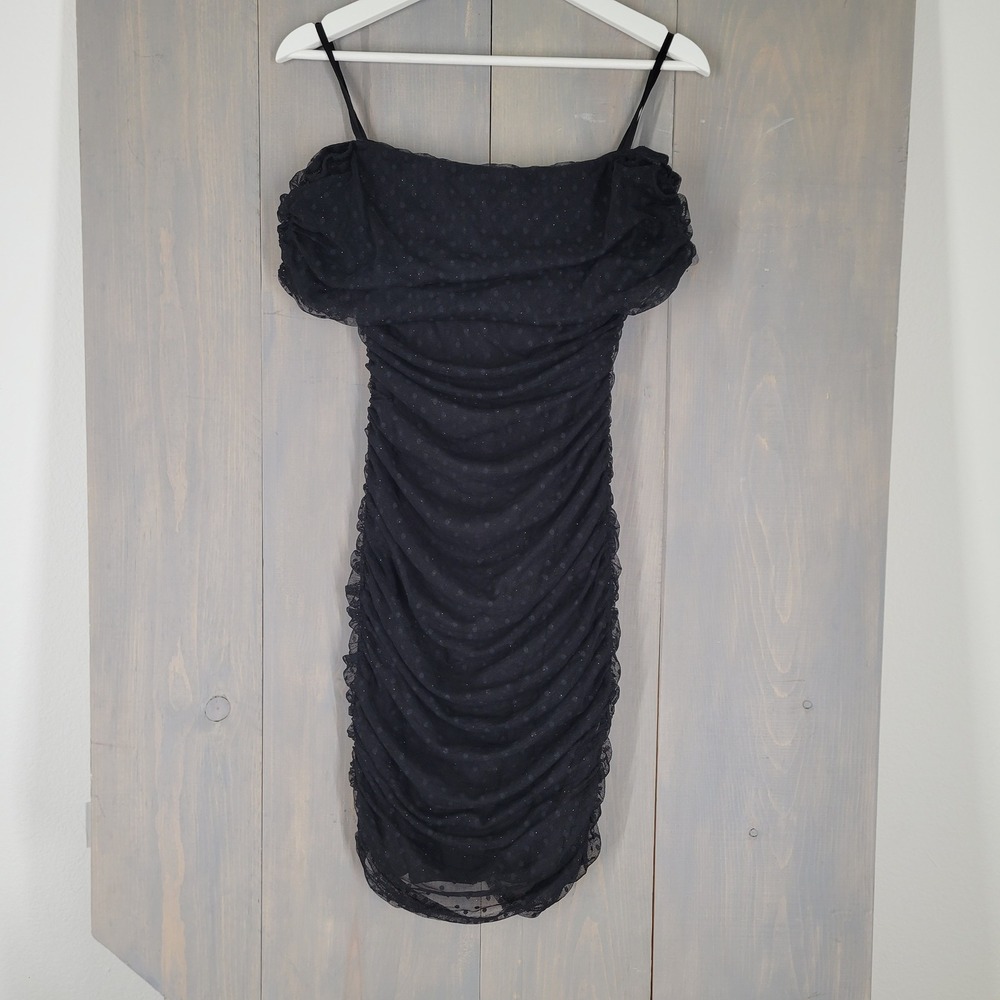 Bebe Bodycon Dress Womens Medium Black‎ Ruched Mesh Glitter Polka Dot Mini